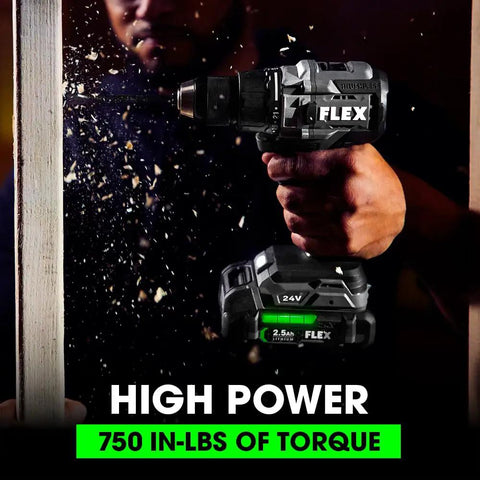 Person using Beast Mode 24V Brushless Cordless Drill Driver Kit With One Half Inch Chuck 750 Inch Pounds Torque Two Speed Two Point Five Amp Hours Batteries And A 160W Fast Charger to drill through wood