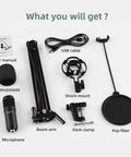 Pro Grade USB Condenser Podcast Microphone Kit With 192KHz 24Bit Audio components including mic, boom arm, shock mount, pop filter