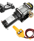 Super Heavy Duty Electric Winch Rated For 4500 Lbs With 12 Volt Power Setup, includes hook, remote, and roller fairlead.