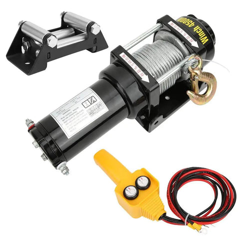 Super Heavy Duty Electric Winch Rated For 4500 Lbs With 12 Volt Power Setup, includes hook, remote, and roller fairlead.