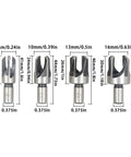 Rock Solid Eight Piece Wood Plug Cutter And Taper Drill Bit Set Forged From Heavy Carbon Steel With Titanium Coating For Chuck Friendly Grip and Crisp Precision Peg Cuts Includes Straight And Angled Heads ready for daily shop grind, various sizes shown.