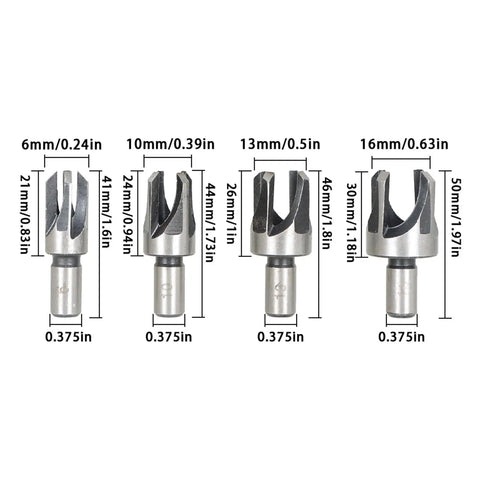 Rock Solid Eight Piece Wood Plug Cutter And Taper Drill Bit Set Forged From Heavy Carbon Steel With Titanium Coating For Chuck Friendly Grip and Crisp Precision Peg Cuts Includes Straight And Angled Heads ready for daily shop grind, various sizes shown.
