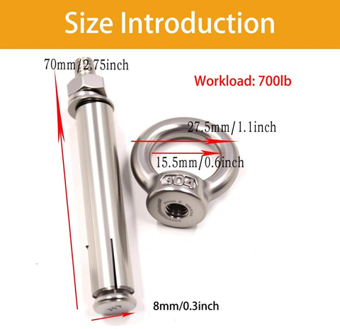 Five Pack Heavy Duty Shoulder Eye Bolts For Concrete And Brick Walls Stainless Steel 304 Expansion Anchors With Nut Eye Rings M8x70mm Rustproof Load Bearing Hardware For Masonry Indoor Outdoor Anchor Points, showing size dimensions and workload for masonry use.