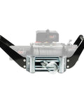 Winch Cradle For 2 Inch Receiver Hitch Built To Handle 8K To 12K Winches, Roller Fairlead Plate, front view with winch outline