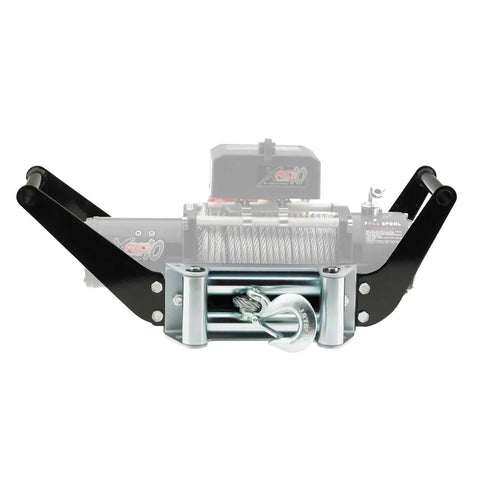 Winch Cradle For 2 Inch Receiver Hitch Built To Handle 8K To 12K Winches, Roller Fairlead Plate, front view with winch outline