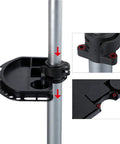 Black Bike Repair Tray Tool Holder for Bike Repair Stands, durable PC plastic, attached on a silver pole, close-up details