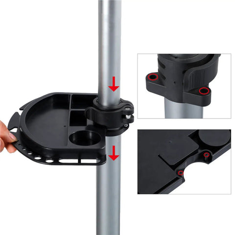 Black Bike Repair Tray Tool Holder for Bike Repair Stands, durable PC plastic, attached on a silver pole, close-up details