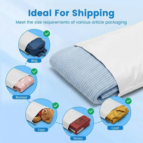 Heavy Duty 19x24 Inch Poly Mailers 500 Pack Bulk Shipping Envelopes for Clothes Self Seal White Plastic Mailing Bags for E Commerce Packaging and Small Biz with blanket, coat, shoes, toys, and bag being packed.