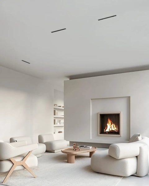 Smooth Triac Dimmable 15W Linear Recessed Lights With Slick White Trim 5 Cct Selectable Premium Led Ceiling Fixtures in modern living room.