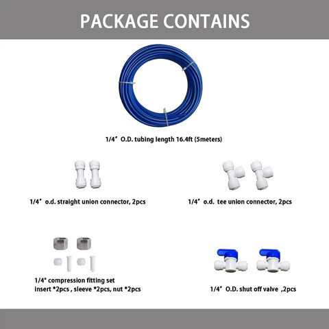 RO Water System Ice Maker Kit One Quarter Inch Tubing With Quick Connect Fittings And Ball Valves For Fridge Ice Makers Includes Sixteen Point Four Feet Of One Quarter Inch OD Tubing And Blue Water Pipe, showing tube and connectors.