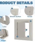 Super Slick Snap Fit Drywall Access Panel With No Sweat Double Sided Tape Mounting And Thick Plastic Housing In Clean Gray, showing handle, latch, and hinges.