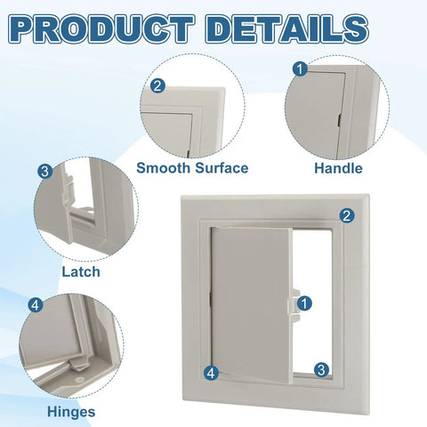 Super Slick Snap Fit Drywall Access Panel With No Sweat Double Sided Tape Mounting And Thick Plastic Housing In Clean Gray, showing handle, latch, and hinges.