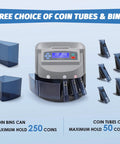 US Coin Counter Machine Auto Sorter and Wrapper Roller for Pennies Nickels Dimes Quarters and Dollars with coin bins and tubes