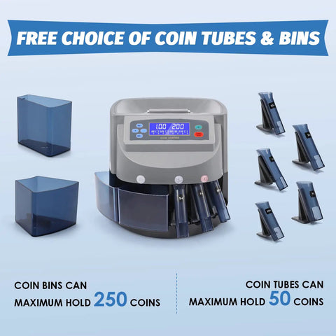 US Coin Counter Machine Auto Sorter and Wrapper Roller for Pennies Nickels Dimes Quarters and Dollars with coin bins and tubes