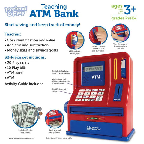 Kid Friendly Interactive Pretend ATM Bank For Kids Electronic Piggy Bank with coins, bills, and card on white background