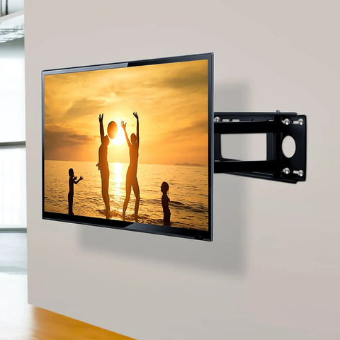Wall-mounted television displaying sunset beach scene, supported by adjustable bracket for optimal viewing angles.