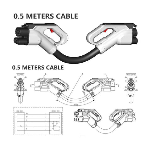 Heavy Duty Ccs2 To Ccs1 Ev Charging Adapter 200A Connector with 0.5 meters cable and detailed schematic designs.