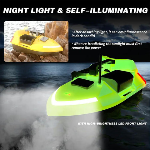 Glow In The Dark RC Bait Boat With GPS Autopilot Dual Motors 12000mAh Battery Long Range 546 Yards Triple Bin 4.4 Lbs Capacity