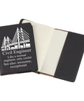 Civil Engineer Notebook For Students And Pros open with bridge design on leather cover, white pages visible