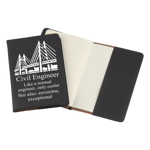 Civil Engineer Notebook For Students And Pros open with bridge design on leather cover, white pages visible