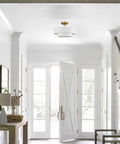 Dope Gold Drum Ceiling Light Fixture in bright hallway, Semi Flush Mount LED Lamp With 15 Inch Brass Drum Shade, Color Temperature Selectable