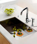 Colorful Silicone Kitchen Sink Strainers Set Of 4 With Large 4.5 Inch Wide Rim in a modern kitchen sink, catching debris.