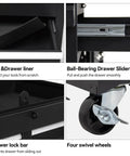 Close-up of 5 Drawer Rolling Tool Chest features including wheels, drawer sliders, lock bar, and liner for garage use.