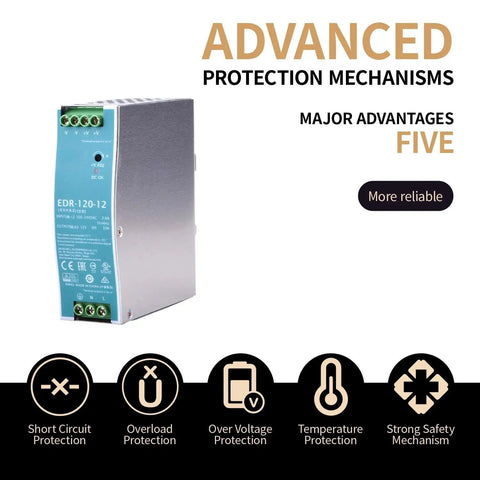 Industrial 12V 120W DIN Rail Power Supply With UL 508 TÜV Certification, front view, metal housing, 40 mm wide
