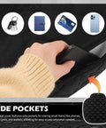 Hand placing phone in side pocket of Cozy Plush Car Seat Covers With Side Pockets, Warm And Breathable Back Seat Protector For All Seasons, Anti Slip Fit For Most Cars, Keeps Interior Stylish And Clean.