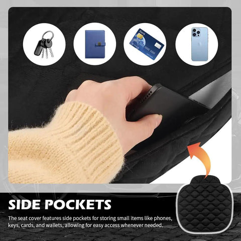 Hand placing phone in side pocket of Cozy Plush Car Seat Covers With Side Pockets, Warm And Breathable Back Seat Protector For All Seasons, Anti Slip Fit For Most Cars, Keeps Interior Stylish And Clean.