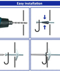 Installation guide for Heavy Duty Drywall Toggle Bolt Set Kit With 28 Pieces In Three Sizes, showing step-by-step wall mounting process.