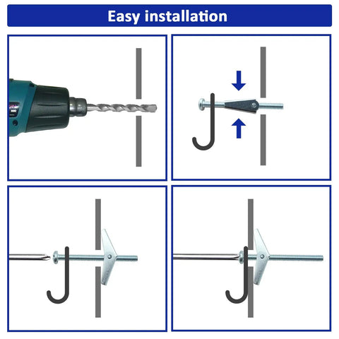 Installation guide for Heavy Duty Drywall Toggle Bolt Set Kit With 28 Pieces In Three Sizes, showing step-by-step wall mounting process.