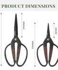 Two Pack Walnut Grip Pruning Scissors For Gardening Dual Grip Floral Shears For Bonsai Succulents And Pro Grade Plant Trimming showing sizes