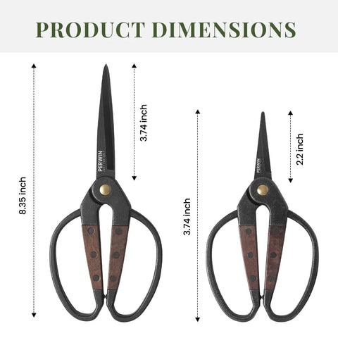 Two Pack Walnut Grip Pruning Scissors For Gardening Dual Grip Floral Shears For Bonsai Succulents And Pro Grade Plant Trimming showing sizes