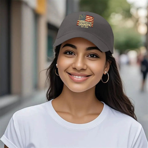 Woman wearing Women Adjustable Cap In Dark Grey, one size fits most, with USA flag design, outdoors