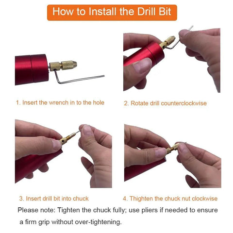 Step-by-step guide to install drill bits in USB Mini Electric Drill Kit With Six Drill Bits For Resin Jewelry, Plastic And Wood, Red.