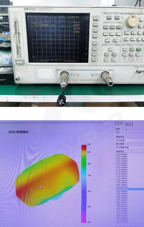 Spectrum analyzer measuring Foxeer4 Elite High Gain FPV Antenna 5.7GHz 2.6dBi RHCP SMA RPSMA UFL Straight and Angle MMCX performance.