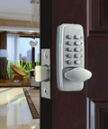 Keyless Digital Door Lock Set With Push Button Code Entry For Home And Business, shown on wooden door indoors