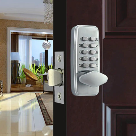 Keyless Digital Door Lock Set With Push Button Code Entry For Home And Business, shown on wooden door indoors
