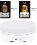 Slick 6.3 Inch Electric Rotating Display Stand With LED Glow showcasing before and after light enhancement.