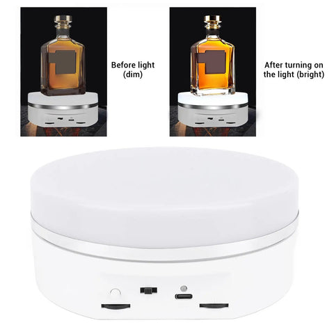Slick 6.3 Inch Electric Rotating Display Stand With LED Glow showcasing before and after light enhancement.