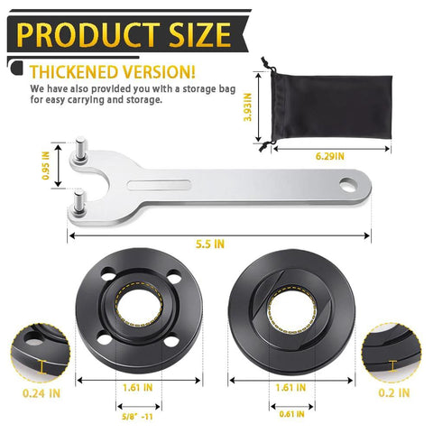 7-piece angle grinder flange wrench set with storage bag; silver wrench and two black metal flange discs.
