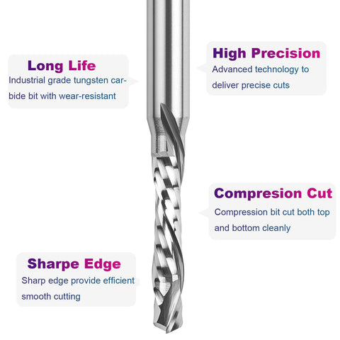 SpeTool spiral compression router bit, 3/16 in cutting diameter, 1/4 in shank, solid carbide