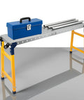 Heavy Duty Adjustable Height Workbench 29 To 48 Inches 1250 Pound Welding Table 65 By 12 with toolbox and pipes displayed.