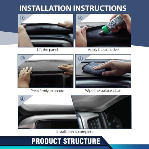 PIT66 TPE dash cover for Chevy Silverado/GMC Sierra; step-by-step installation guide with adhesive application.