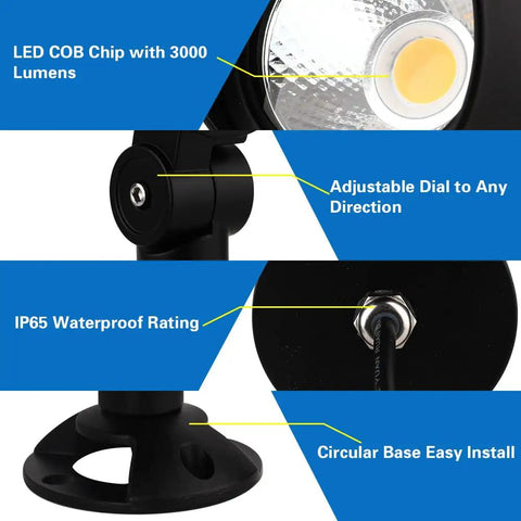 30W LED Landscape Spotlight 12V Low-Voltage Outdoor Lighting, 3000K Warm White, IP65 Waterproof, Ultra Narrow Beam, Ground, Wall Mount for Flag Poles, Trees, Patio, Garden, Pathway, 2 Pack
