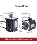 Servo Motor Drive Kit With 5.0A Current, 2.39 Nm Torque, ASD275 Drive, AC 200 To 240V Input, Includes 3 Mi Encoder Cables, 750W High Power Servo Drive For Smooth Motion And Precise Positioning, Silver Finish, dimensions diagram with measurements