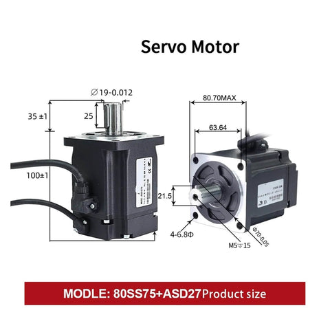 Servo Motor Drive Kit With 5.0A Current, 2.39 Nm Torque, ASD275 Drive, AC 200 To 240V Input, Includes 3 Mi Encoder Cables, 750W High Power Servo Drive For Smooth Motion And Precise Positioning, Silver Finish, dimensions diagram with measurements
