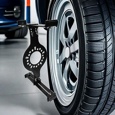 Hella Tight Stance Wheel Fitment Checker Tool For 5 Lug Rims Measures Backspacing And Rim Clearance On 14 To 20 Inch Wheels, mounted on tire.