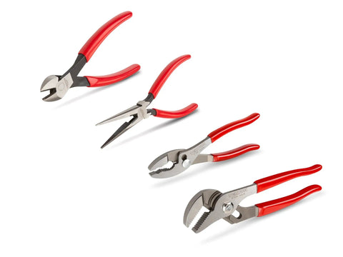 Four Piece Pliers Set With Groove Joint, Slip Joint, Long Nose, And Diagonal Cutting Pliers Including 10 Inch Groove Joint Pliers.